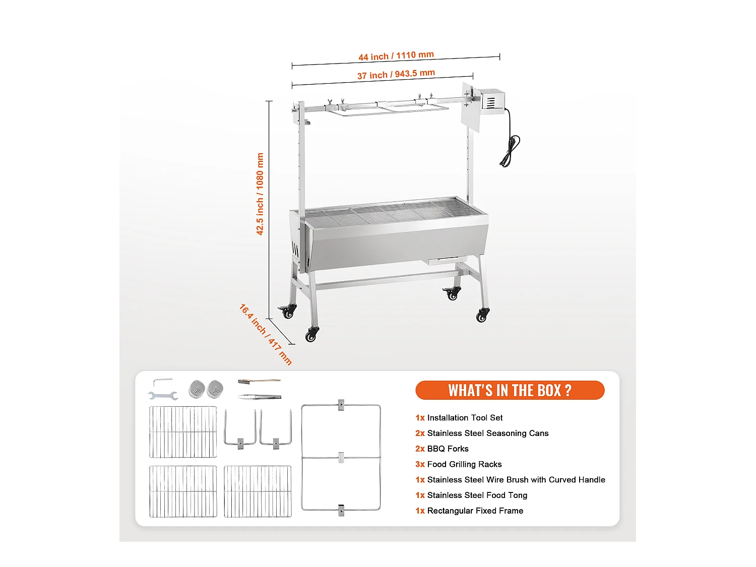 Barbecue Rôtissoire SucceBuy, Rôtisserie électrique avec Moteur Puissant 42W, Gril Électrique Rotatif 61Kg