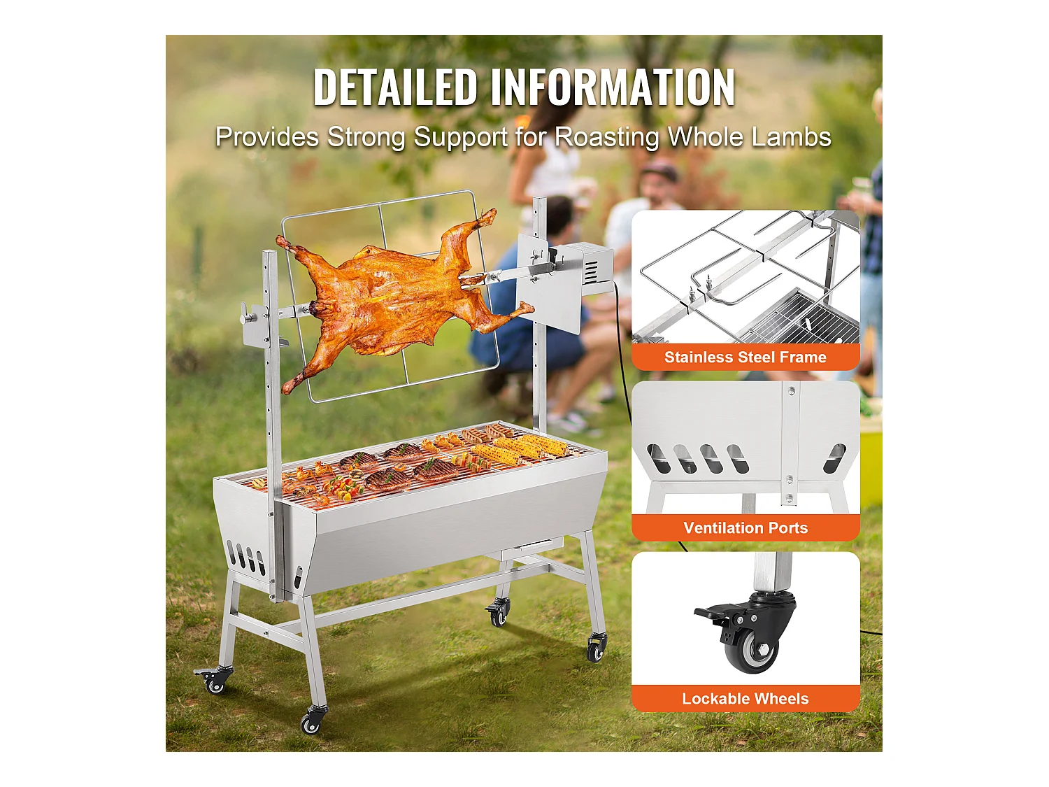 Barbecue Rôtissoire SucceBuy, Rôtisserie électrique avec Moteur Puissant 42W, Gril Électrique Rotatif 61Kg