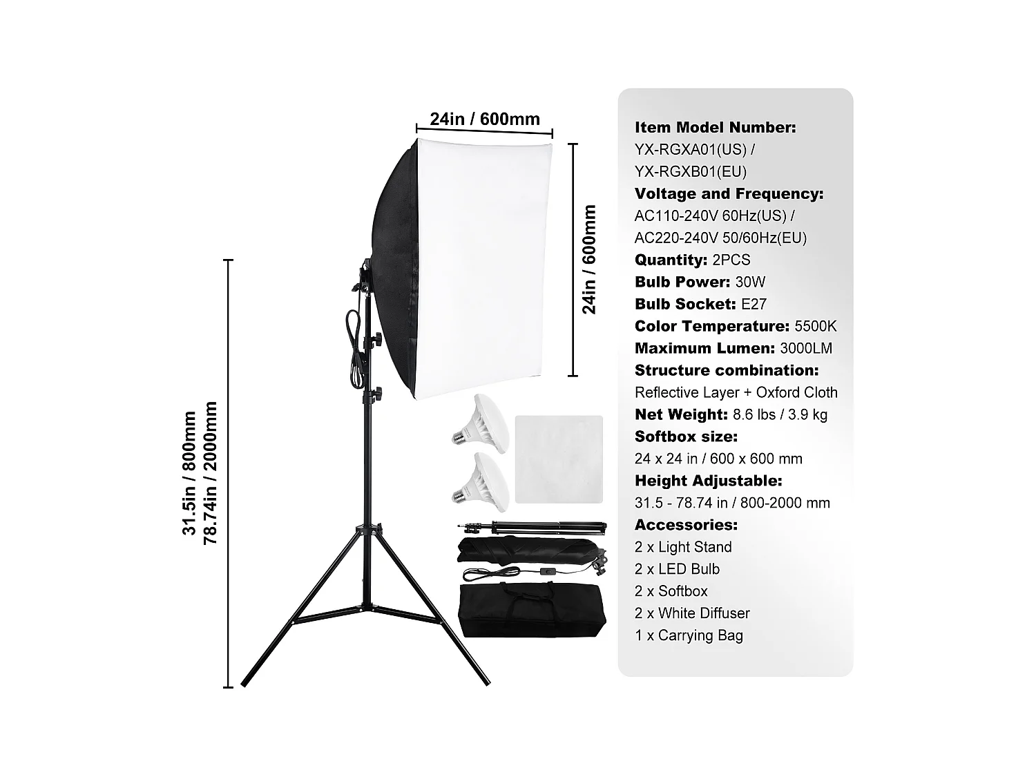 Kit d'Éclairage Softbox SucceBuy, 60.96 x 60.96 Cm, Ampoules Led 30 W 5 500 K, Support Réglable