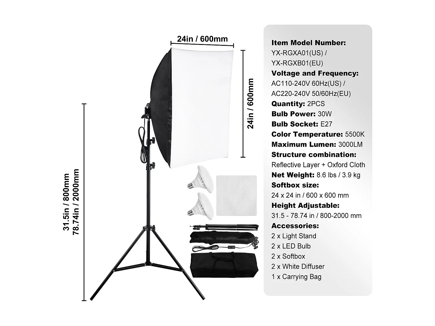 Kit d'Éclairage Softbox SucceBuy, 60.96 x 60.96 Cm, Ampoules Led 30 W 5 500 K, Support Réglable