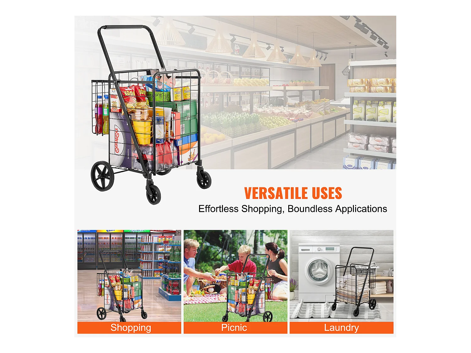 Chariot à Linge Roulant SucceBuy Charge 50 Kg 4 Roulettes Chariot de Supermarché Plus de 85 L avec 2 Paniers
