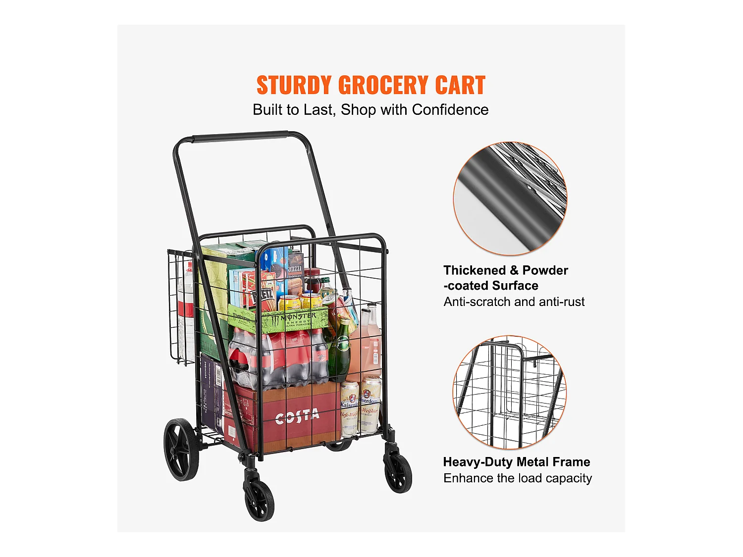 Chariot à Linge Roulant SucceBuy Charge 50 Kg 4 Roulettes Chariot de Supermarché Plus de 85 L avec 2 Paniers