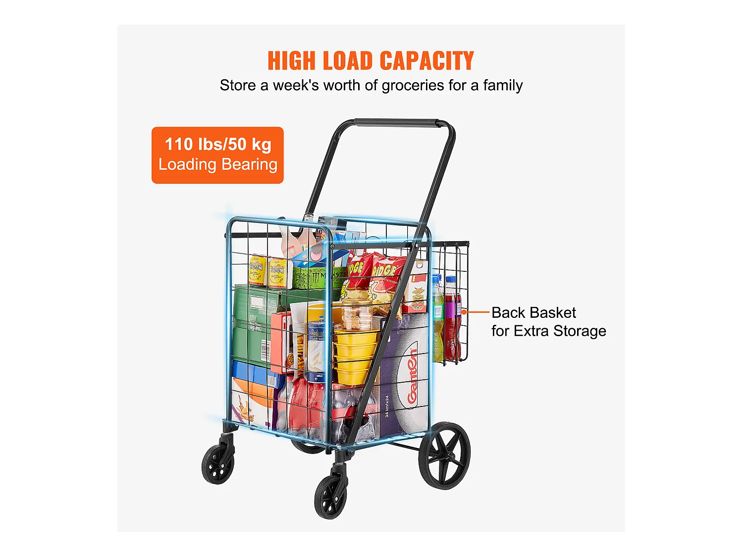 Chariot à Linge Roulant SucceBuy Charge 50 Kg 4 Roulettes Chariot de Supermarché Plus de 85 L avec 2 Paniers