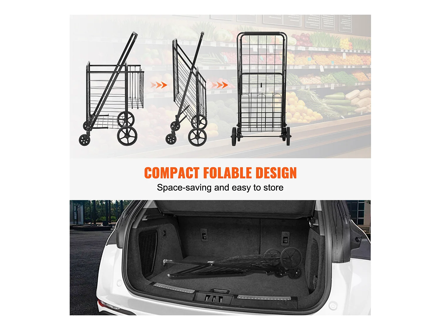 Chariot à Linge Roulant SucceBuy Charge 50 Kg 4 Roulettes Chariot de Supermarché Plus de 85 L avec 2 Paniers