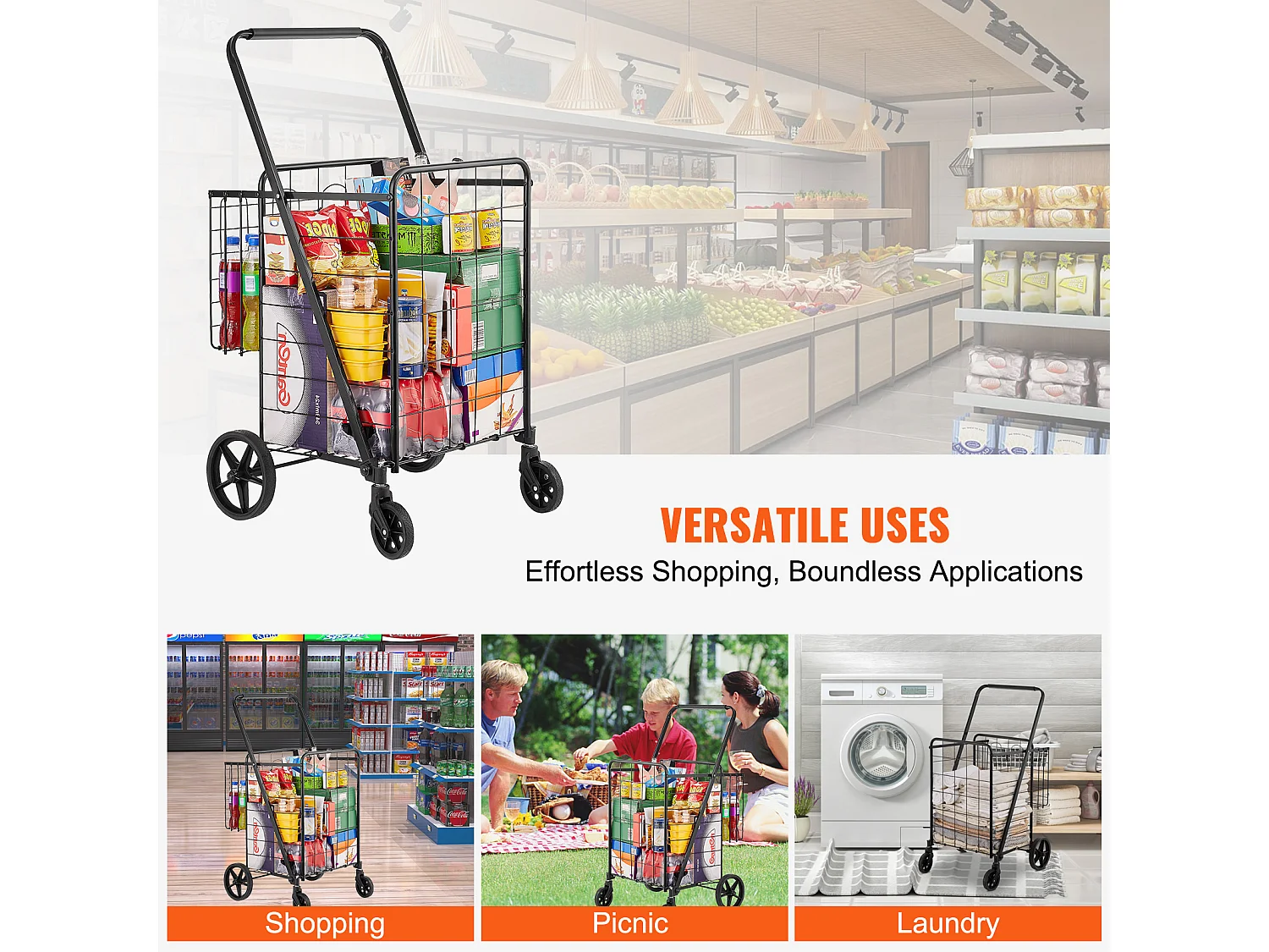 Chariot à Linge Roulant SucceBuy Charge 50 Kg 4 Roulettes Chariot de Supermarché Plus de 85 L avec 2 Paniers