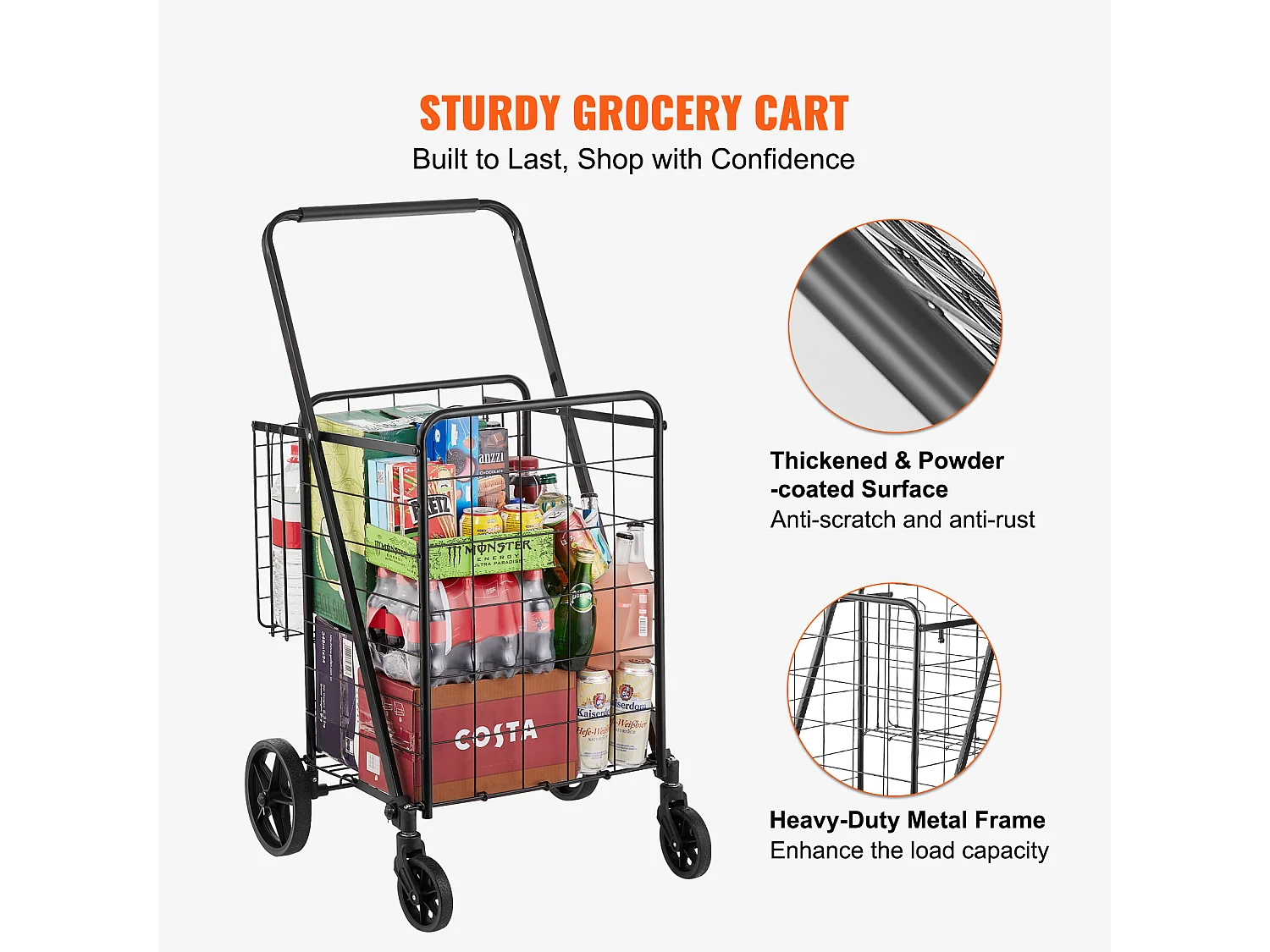 Chariot à Linge Roulant SucceBuy Charge 50 Kg 4 Roulettes Chariot de Supermarché Plus de 85 L avec 2 Paniers