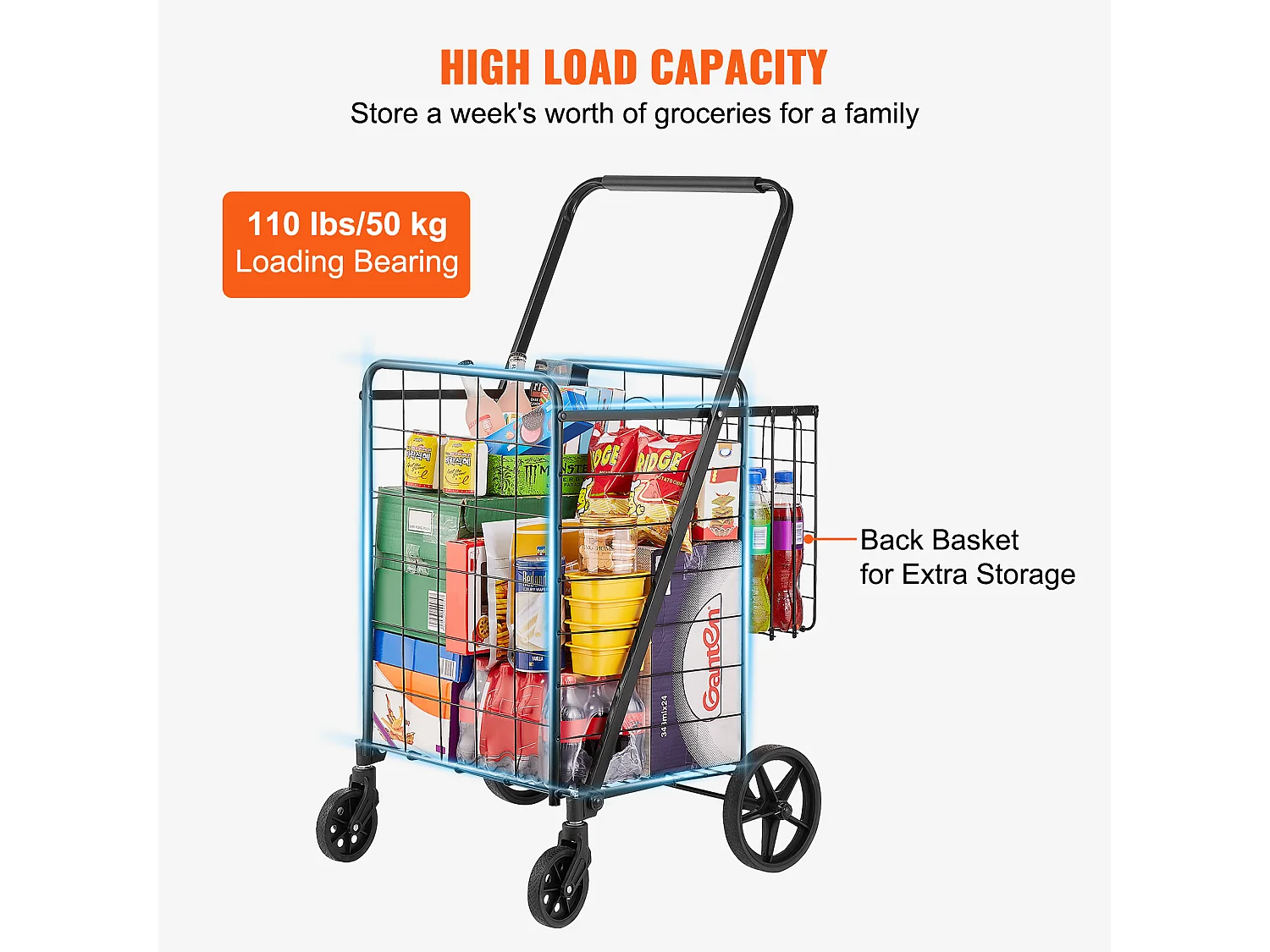 Chariot à Linge Roulant SucceBuy Charge 50 Kg 4 Roulettes Chariot de Supermarché Plus de 85 L avec 2 Paniers