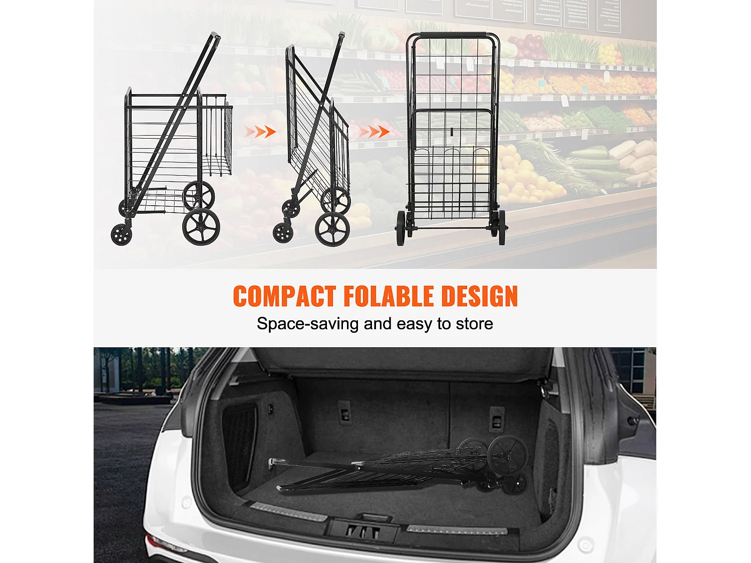 Chariot à Linge Roulant SucceBuy Charge 50 Kg 4 Roulettes Chariot de Supermarché Plus de 85 L avec 2 Paniers