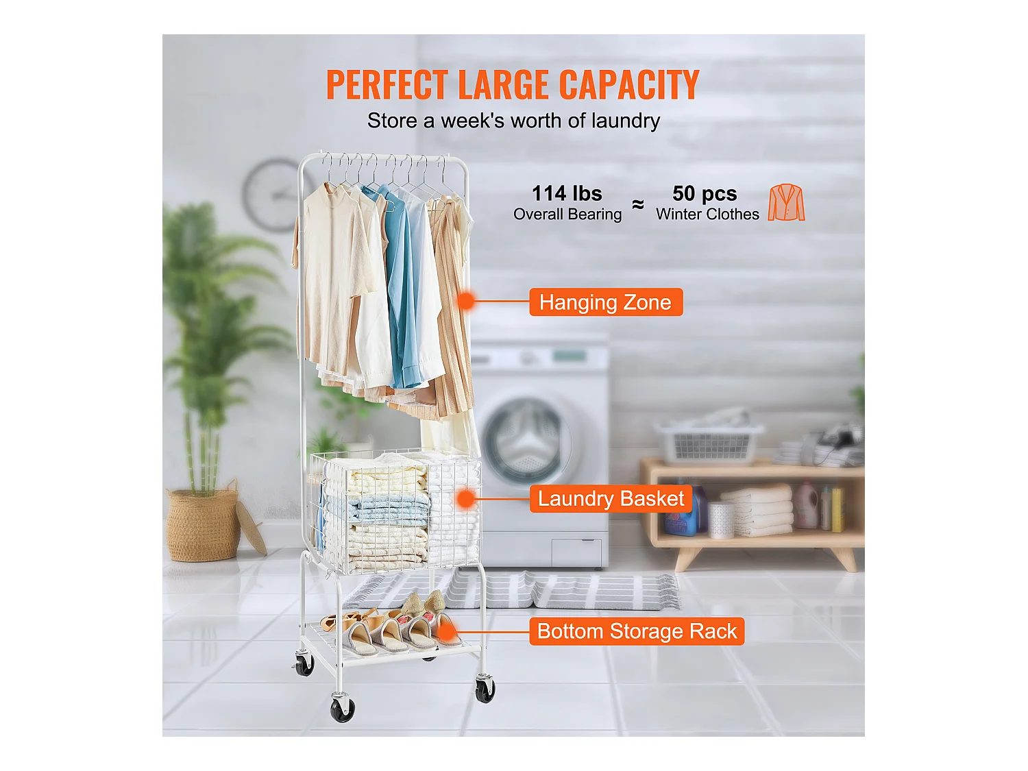 Chariot à Linge Roulant SucceBuy avec 4 Roues et Support Suspendu pour Salle de Bain