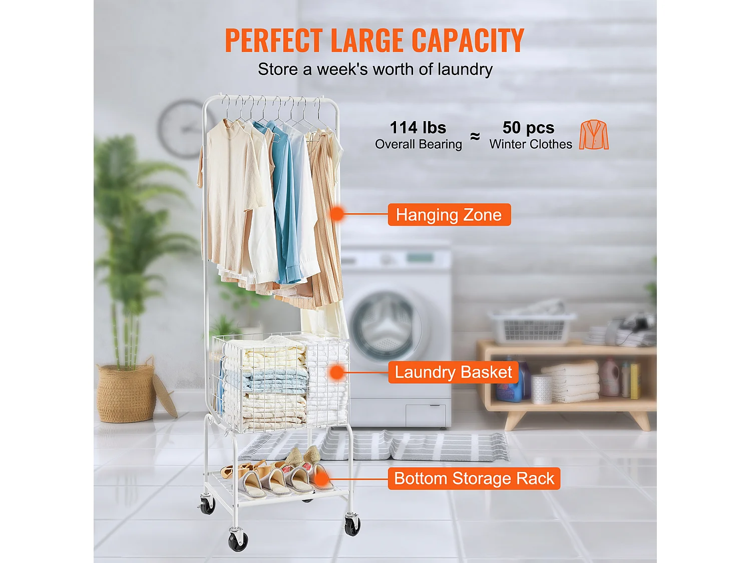 Chariot à Linge Roulant SucceBuy avec 4 Roues et Support Suspendu pour Salle de Bain