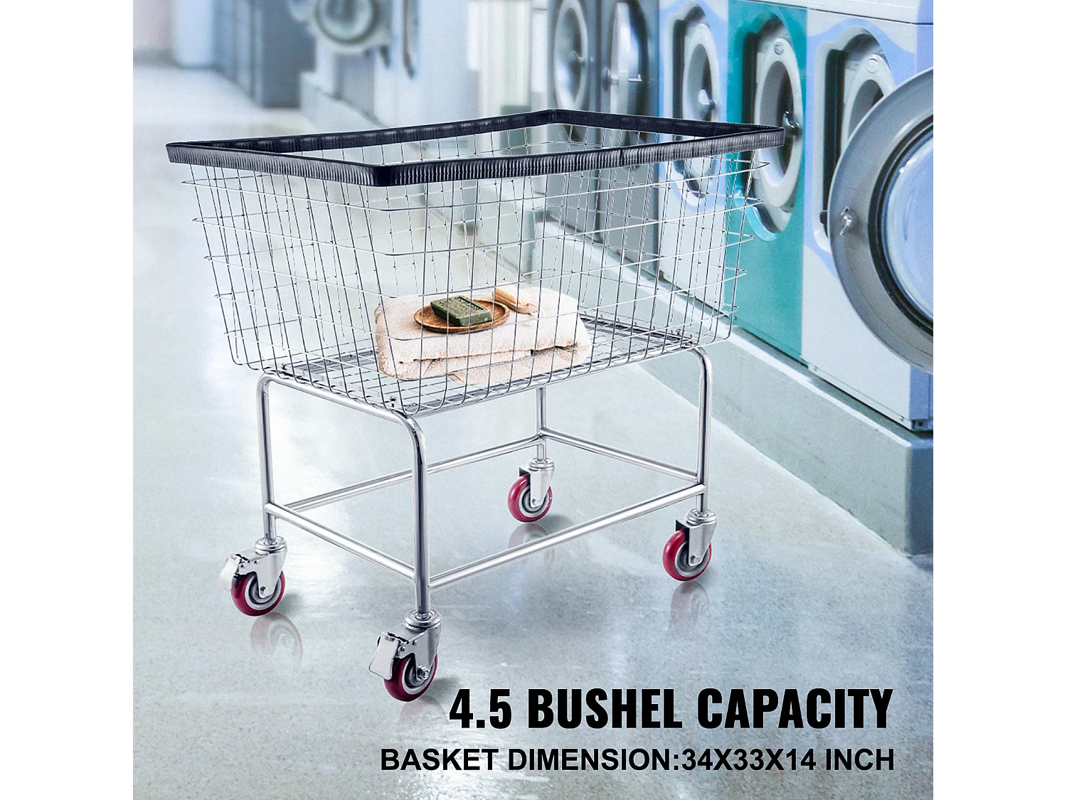 Chariot à Linge Roulant SucceBuy en Fil Métallique, Panier à Linge Robuste de 4.5 Boisseaux avec Roues de 12.7Cm