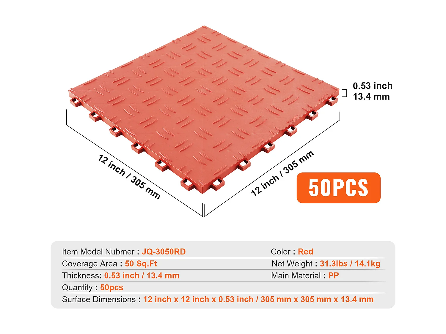 Dalles de Garage Emboîtables, SucceBuy Lot de 50 Carreaux de Garage à Emboîter 30.5x30.5 cm Rouge