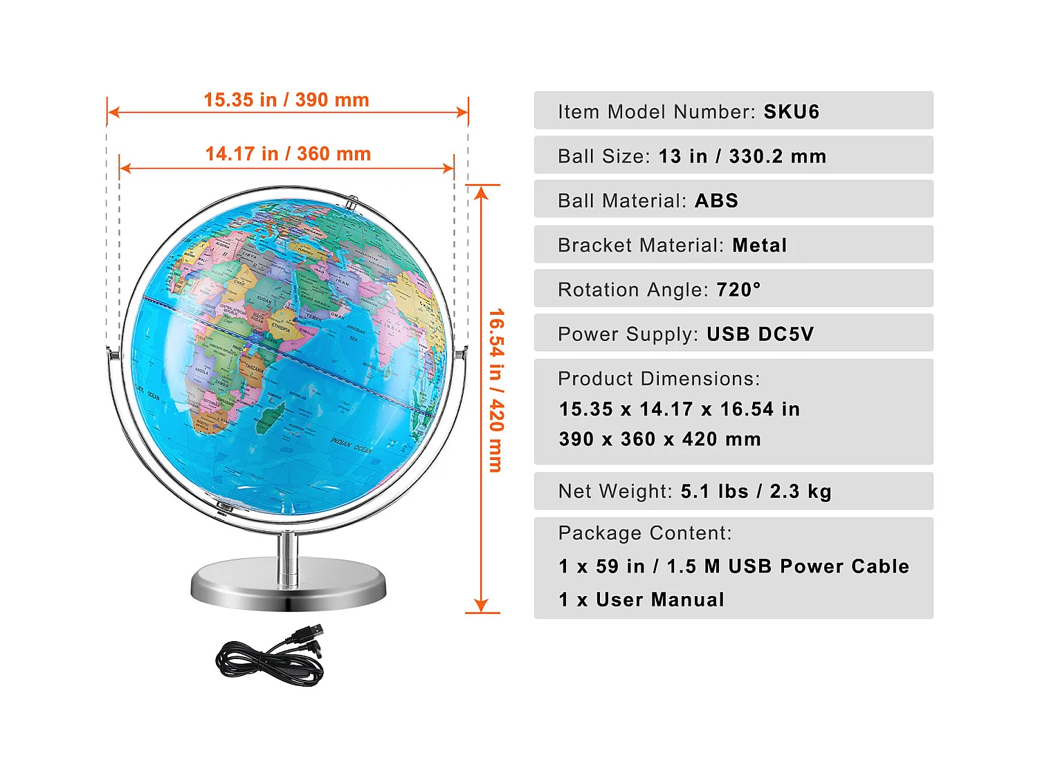 Globe Terrestre SucceBuy Lumineux avec Support, 330,2 Mm, Globe Terrestre avec Base Stable en Métal Lourd, Veilleuse LED Constellation Imprimée HD