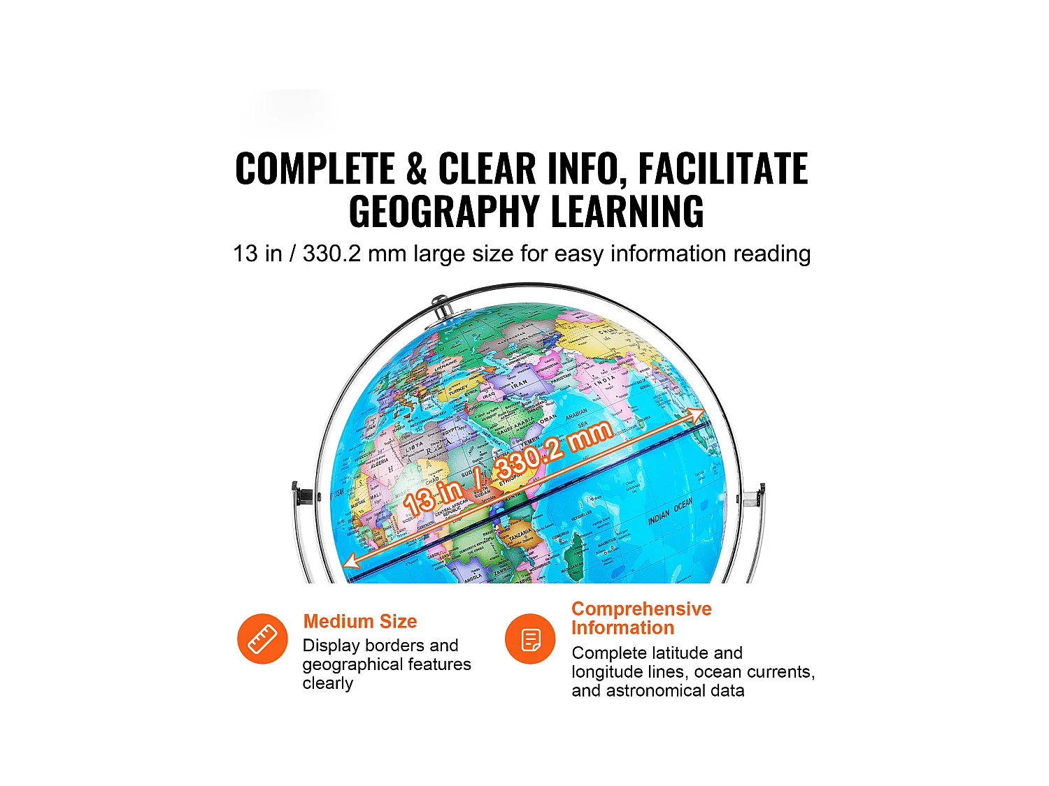 Globe Terrestre SucceBuy Lumineux avec Support, 330,2 Mm, Globe Terrestre avec Base Stable en Métal Lourd, Veilleuse LED Constellation Imprimée HD