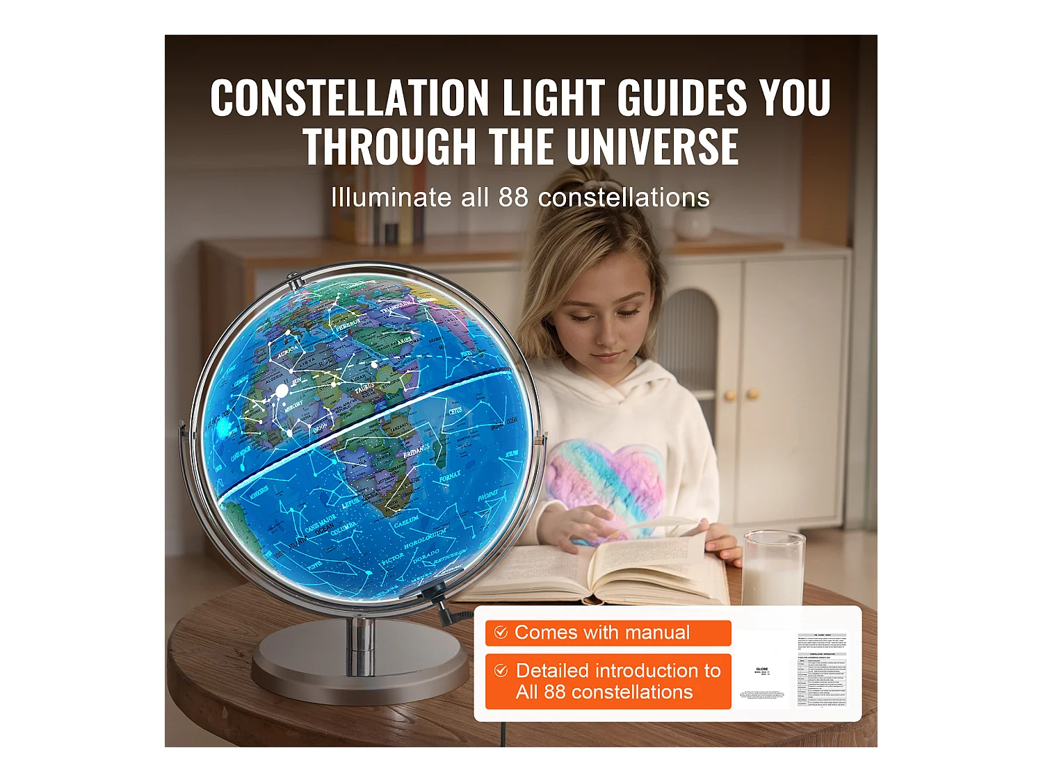 Globe Terrestre SucceBuy Lumineux avec Support, 330,2 Mm, Globe Terrestre avec Base Stable en Métal Lourd, Veilleuse LED Constellation Imprimée HD