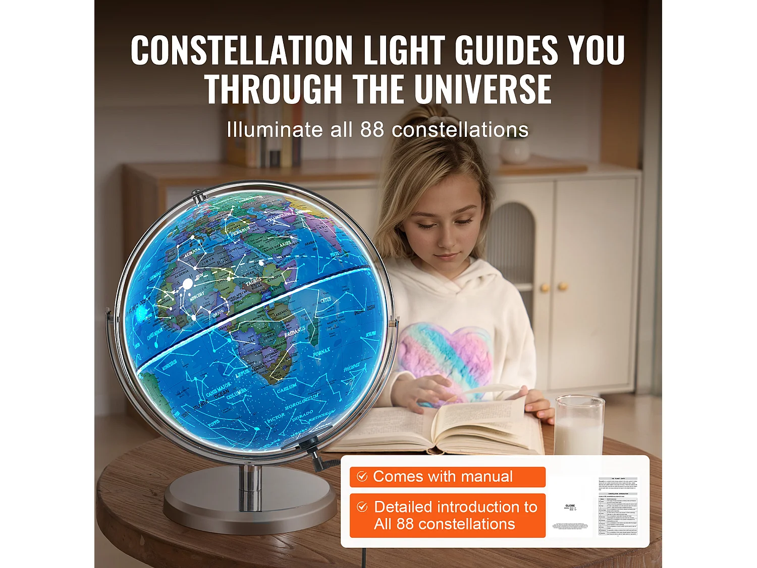 Globe Terrestre SucceBuy Lumineux avec Support, 330,2 Mm, Globe Terrestre avec Base Stable en Métal Lourd, Veilleuse LED Constellation Imprimée HD