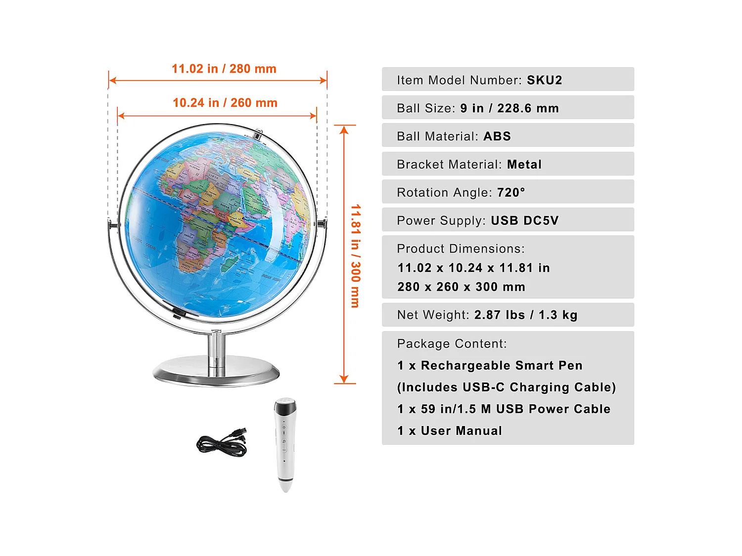 Globe Terrestre SucceBuy Parlant, 228,6 Mm, Globe Interactif pour L'apprentissage Précoce des Enfants, avec Stylo Intelligent, Veilleuse LED, Interface USB