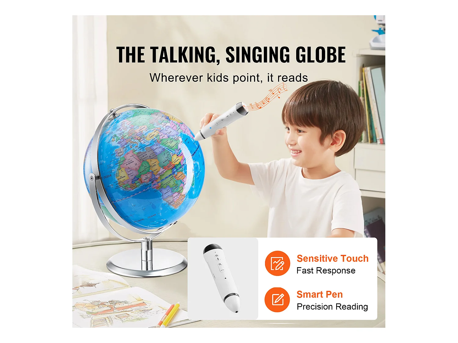 Globe Terrestre SucceBuy Parlant, 228,6 Mm, Globe Interactif pour L'apprentissage Précoce des Enfants, avec Stylo Intelligent, Veilleuse LED, Interface USB