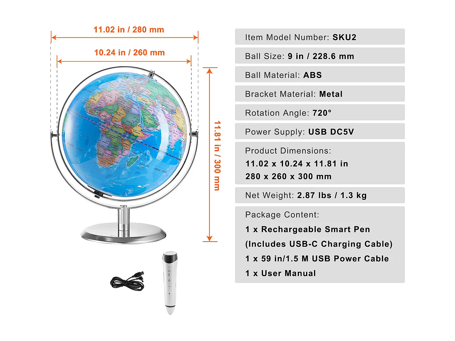 Globe Terrestre SucceBuy Parlant, 228,6 Mm, Globe Interactif pour L'apprentissage Précoce des Enfants, avec Stylo Intelligent, Veilleuse LED, Interface USB
