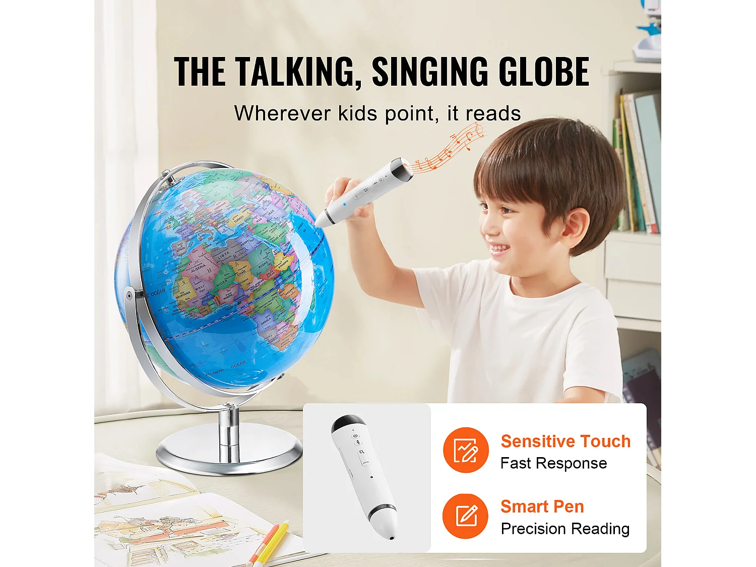 Globe Terrestre SucceBuy Parlant, 228,6 Mm, Globe Interactif pour L'apprentissage Précoce des Enfants, avec Stylo Intelligent, Veilleuse LED, Interface USB
