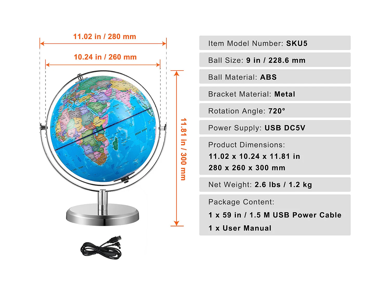 Globe Terrestre SucceBuy Lumineux avec Support, 228,6 Mm, Globe Terrestre Éducatif, Base Stable en Métal Lourd, Veilleuse LED Constellation Imprimée HD