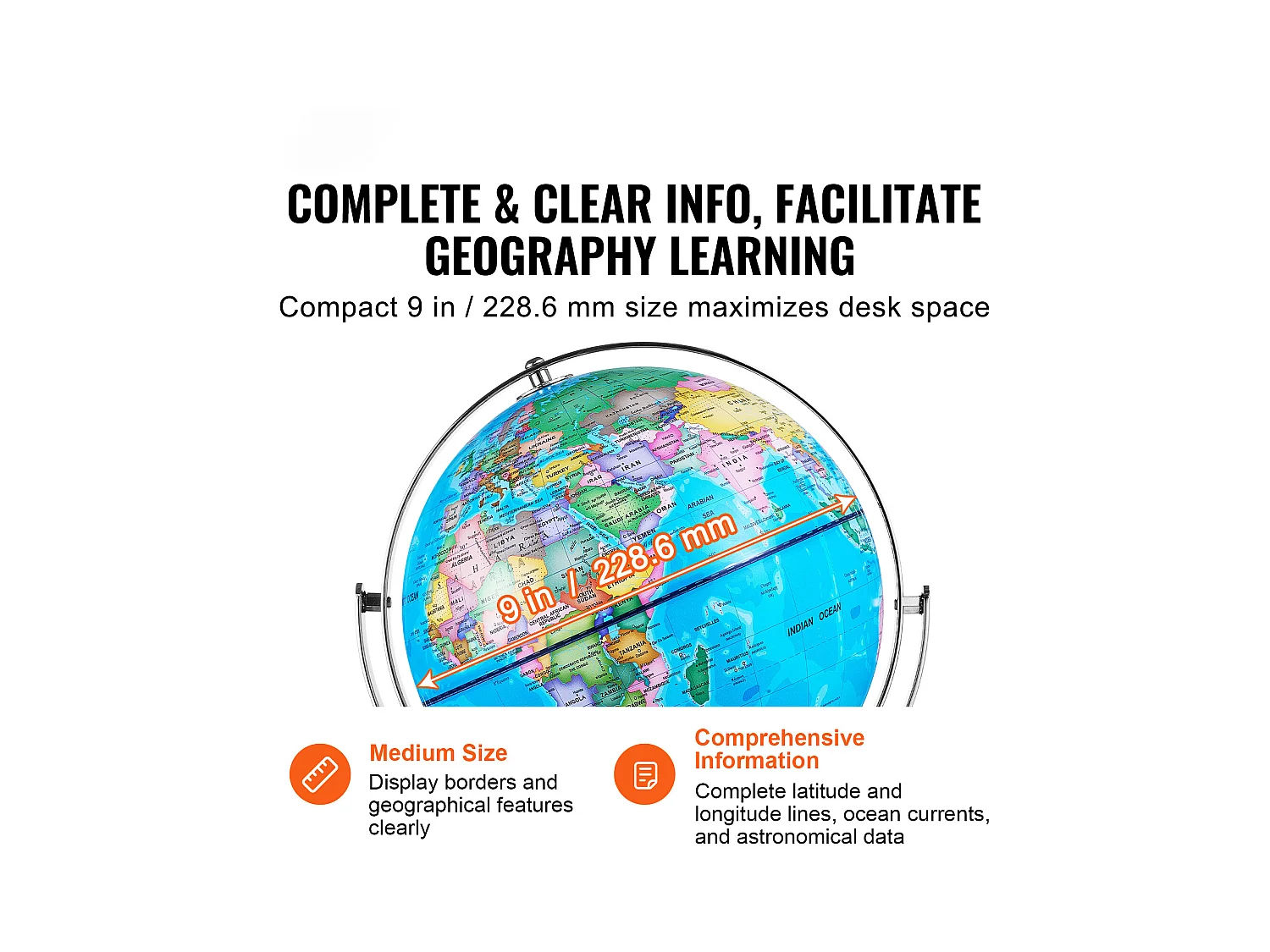 Globe Terrestre SucceBuy Lumineux avec Support, 228,6 Mm, Globe Terrestre Éducatif, Base Stable en Métal Lourd, Veilleuse LED Constellation Imprimée HD