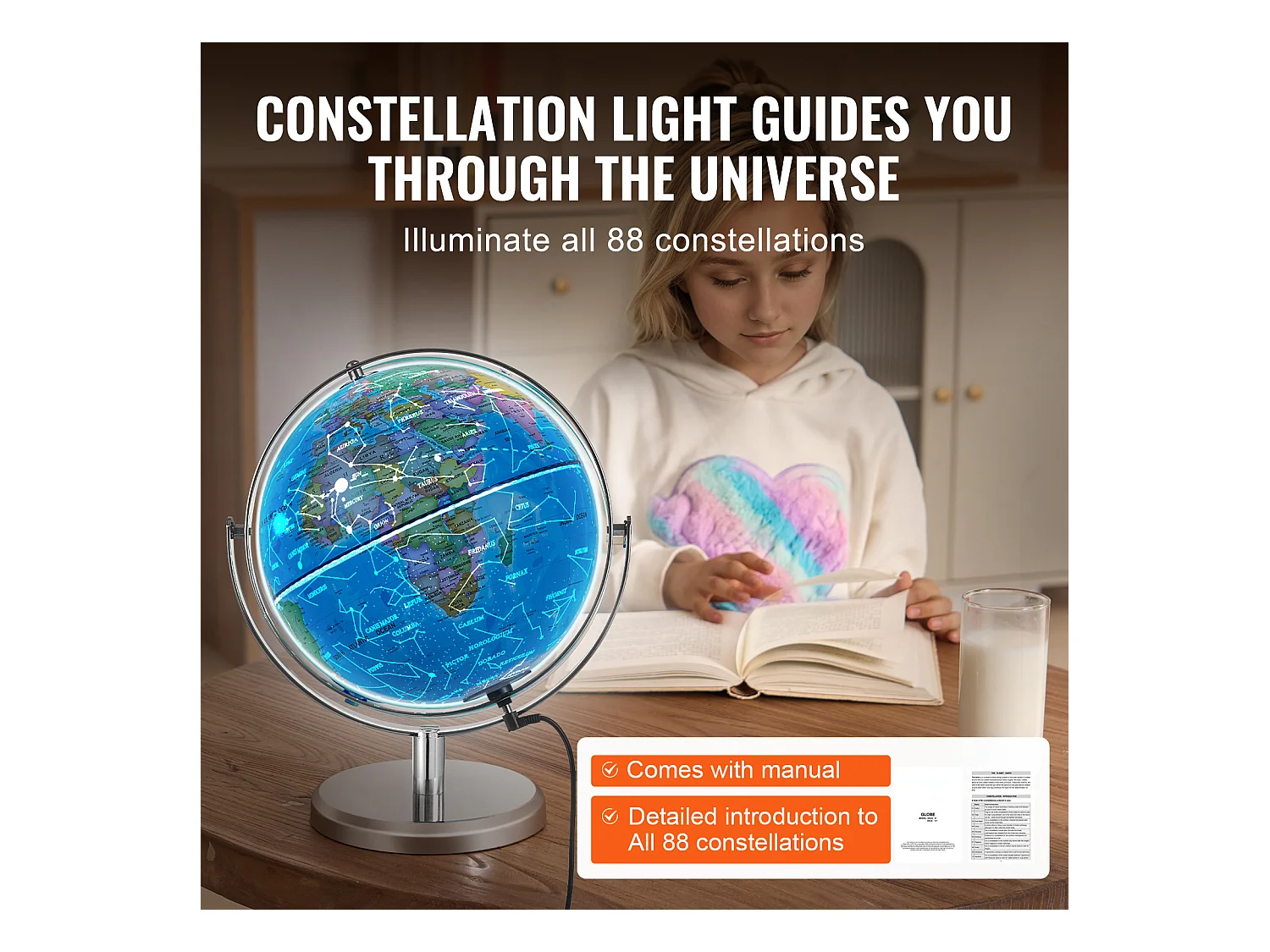 Globe Terrestre SucceBuy Lumineux avec Support, 228,6 Mm, Globe Terrestre Éducatif, Base Stable en Métal Lourd, Veilleuse LED Constellation Imprimée HD