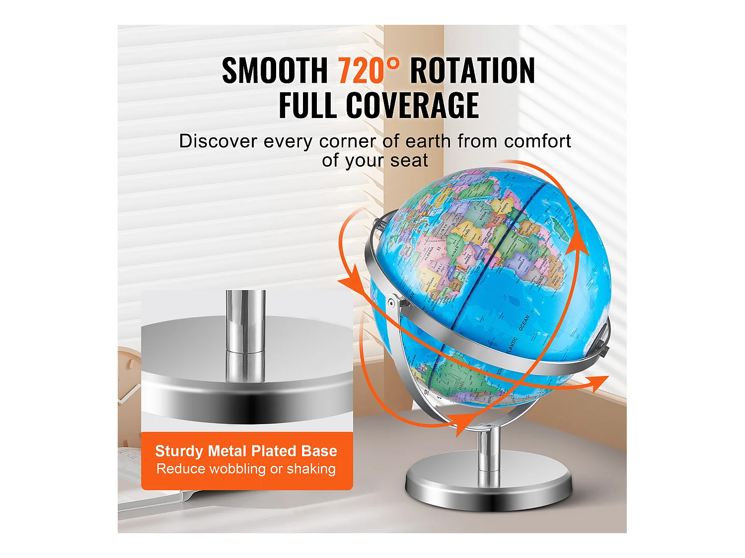 Globe Terrestre SucceBuy Lumineux avec Support, 228,6 Mm, Globe Terrestre Éducatif, Base Stable en Métal Lourd, Veilleuse LED Constellation Imprimée HD