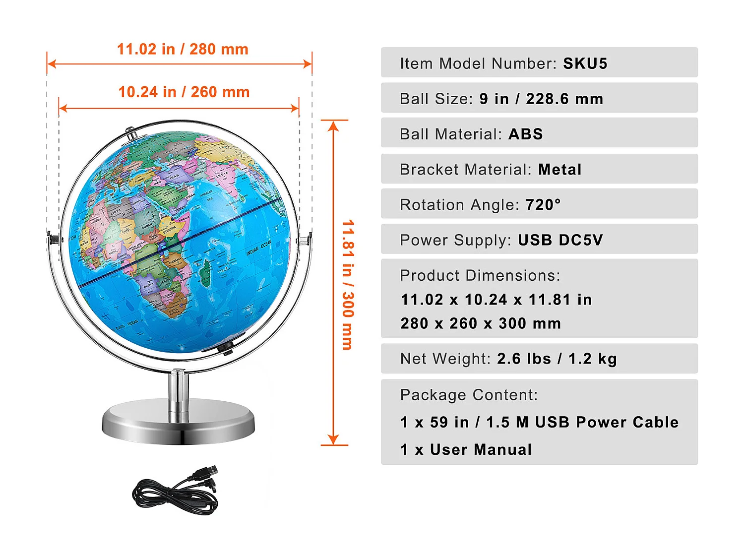Globe Terrestre SucceBuy Lumineux avec Support, 228,6 Mm, Globe Terrestre Éducatif, Base Stable en Métal Lourd, Veilleuse LED Constellation Imprimée HD