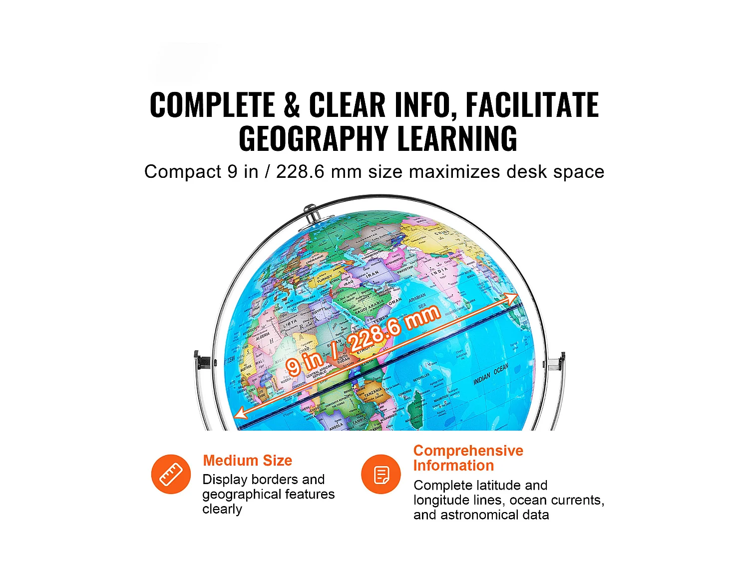 Globe Terrestre SucceBuy Lumineux avec Support, 228,6 Mm, Globe Terrestre Éducatif, Base Stable en Métal Lourd, Veilleuse LED Constellation Imprimée HD