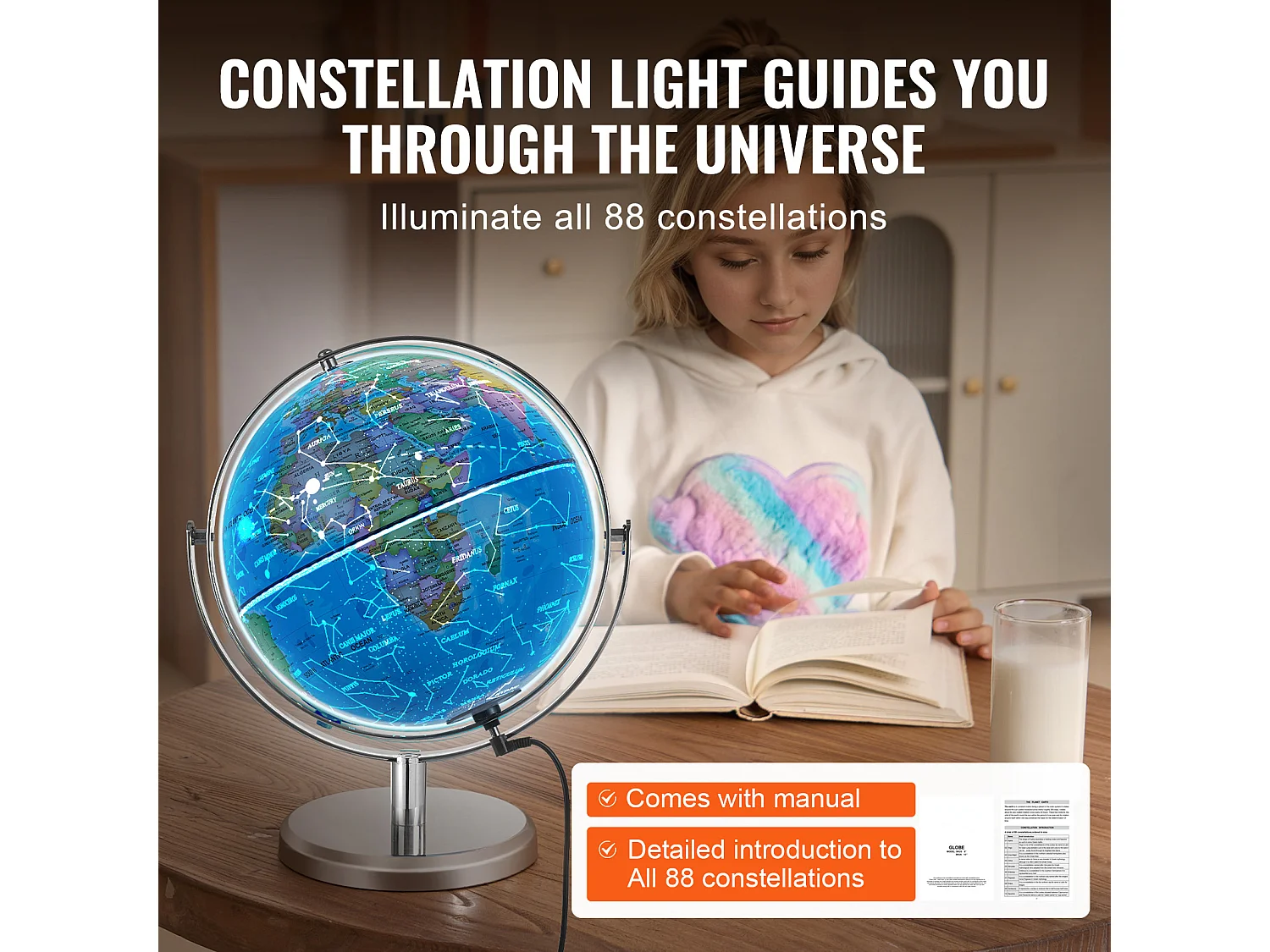 Globe Terrestre SucceBuy Lumineux avec Support, 228,6 Mm, Globe Terrestre Éducatif, Base Stable en Métal Lourd, Veilleuse LED Constellation Imprimée HD