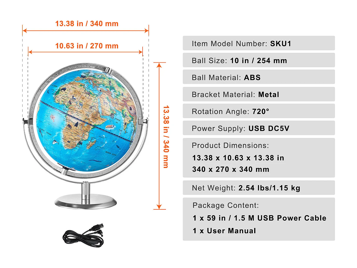 Globe Terrestre SucceBuy pour Enfants, 254 Mm, Globe Terrestre AR Interactif avec Application AR Golden Globe, Éclairage Nocturne LED, Rotation 720°
