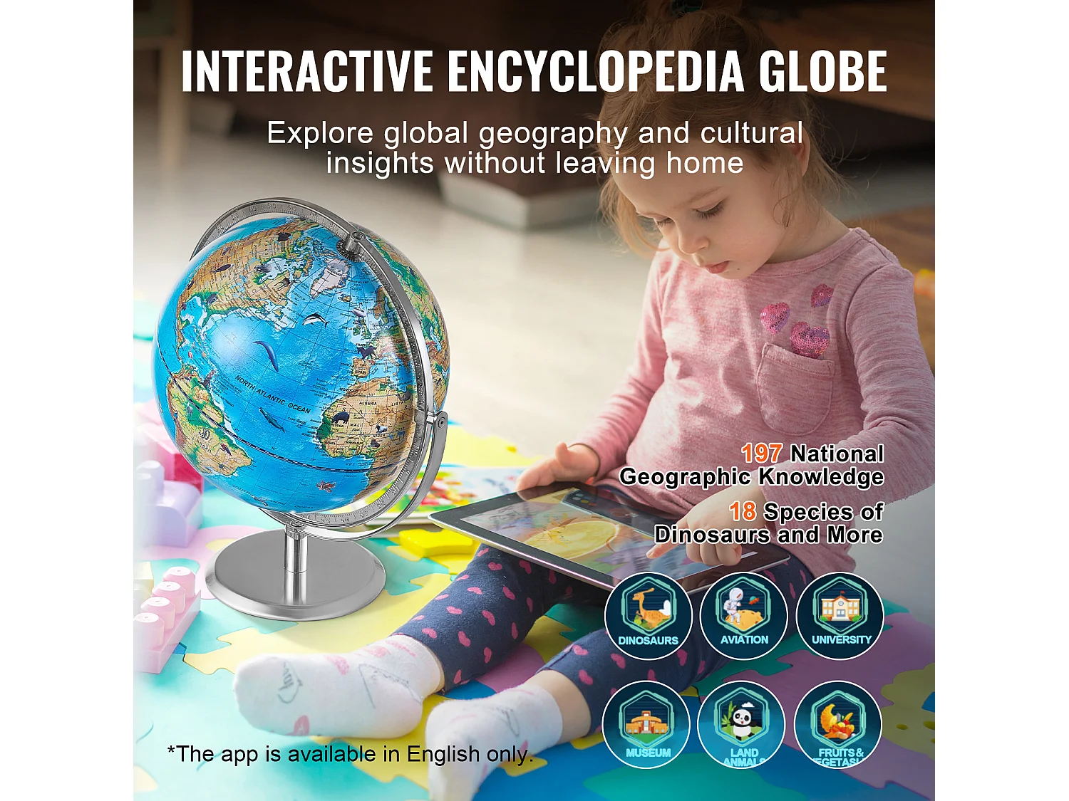 Globe Terrestre SucceBuy pour Enfants, 254 Mm, Globe Terrestre AR Interactif avec Application AR Golden Globe, Éclairage Nocturne LED, Rotation 720°