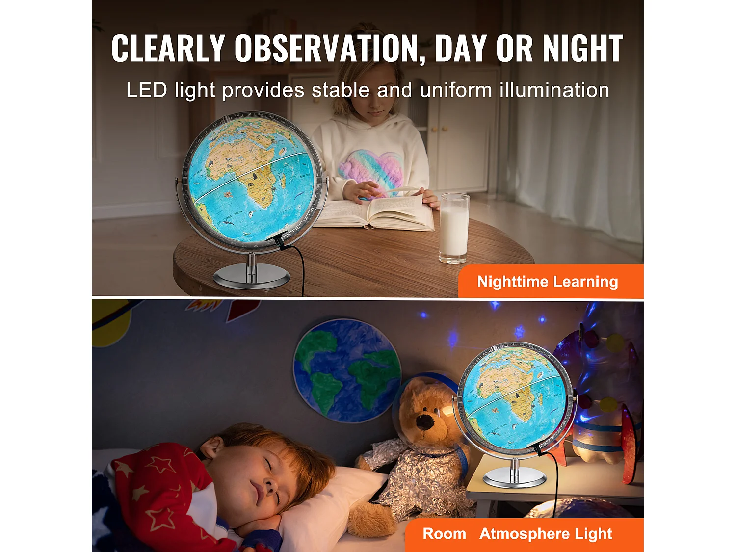 Globe Terrestre SucceBuy pour Enfants, 254 Mm, Globe Terrestre AR Interactif avec Application AR Golden Globe, Éclairage Nocturne LED, Rotation 720°