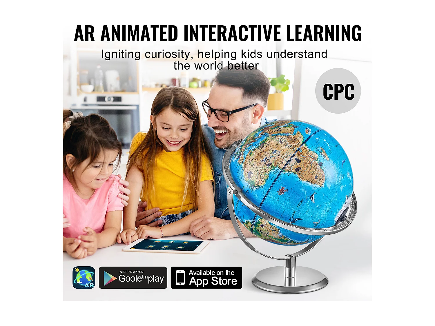 Wereldbol SucceBuy Kids Globe, 254 Mm, Interactieve AR-Globe met AR-App Golden Globe, LED-Nachtlampje, 720° Rotatie