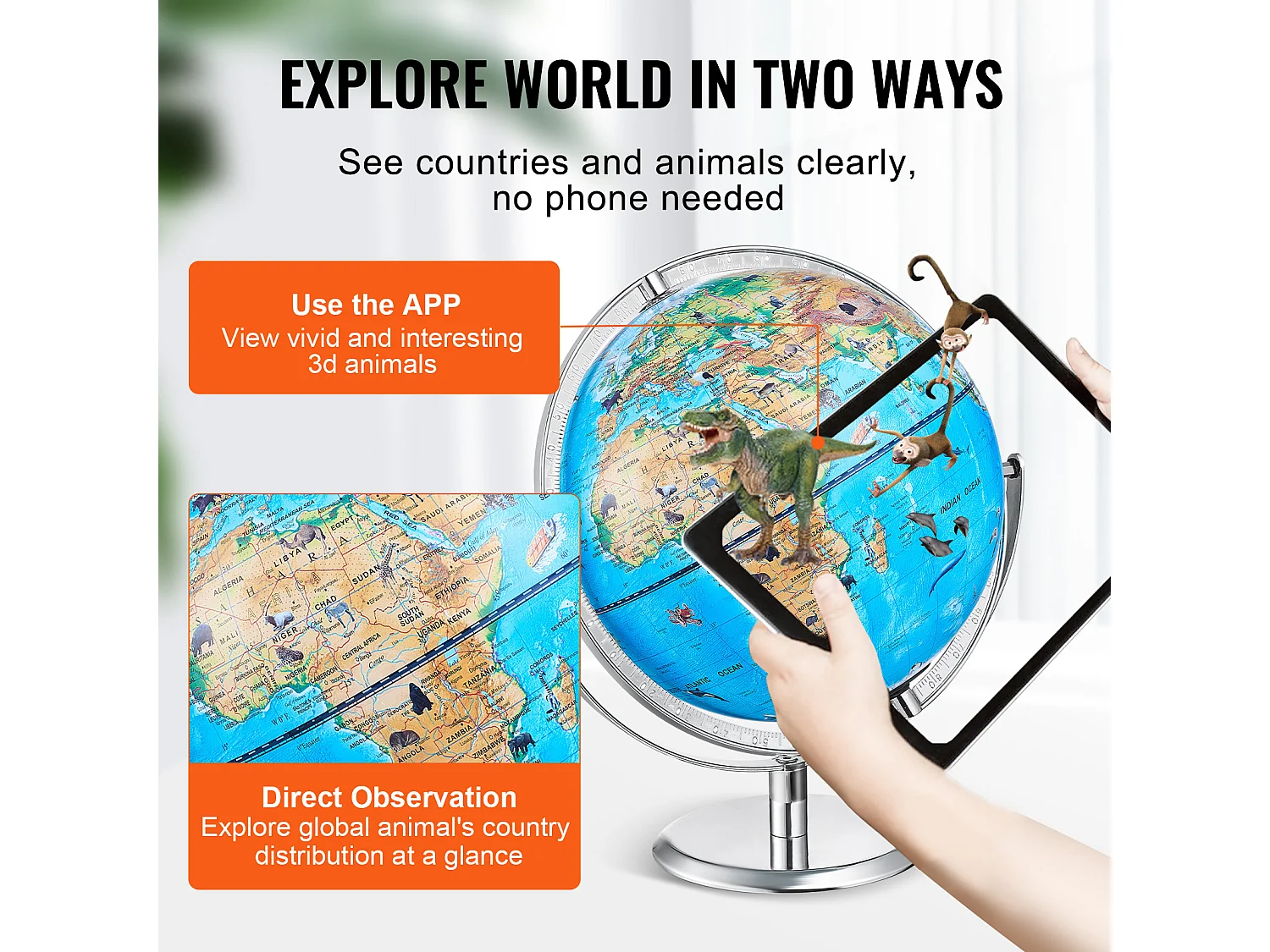 Wereldbol SucceBuy Kids Globe, 254 Mm, Interactieve AR-Globe met AR-App Golden Globe, LED-Nachtlampje, 720° Rotatie