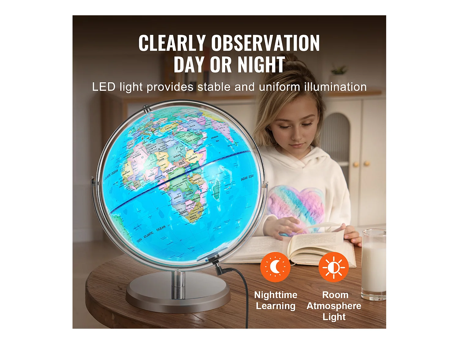 Globo Terrestre SucceBuy Globo Illuminato con Supporto, 330,2 Mm, con Base Stabile in Metallo Pesante, Mappa Stampata in HD, Luce Notturna a LED, Rotazione di 720°