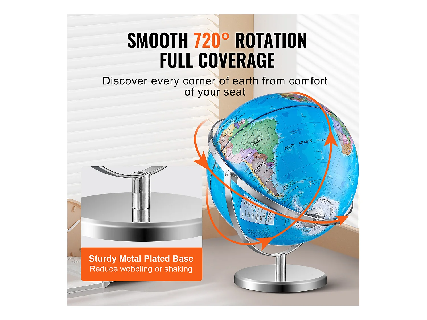 Globo Terrestre SucceBuy Globo Illuminato con Supporto, 330,2 Mm, con Base Stabile in Metallo Pesante, Mappa Stampata in HD, Luce Notturna a LED, Rotazione di 720°