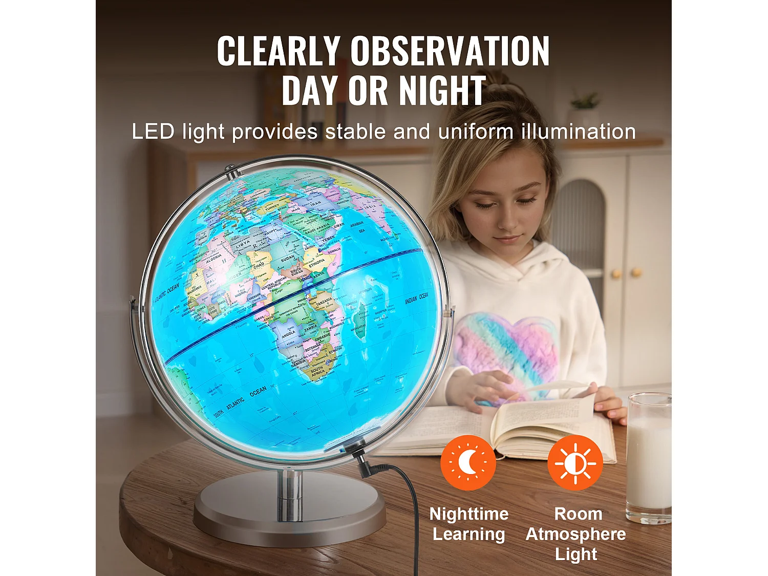 Globus SucceBuy Podświetlany Globus ze Stojakiem, 330,2 Mm, Globus Świata ze Stabilną Ciężką Metalową Podstawką, Mapa Drukowana w HD, Lampka Nocna LED, Obrót o 720°