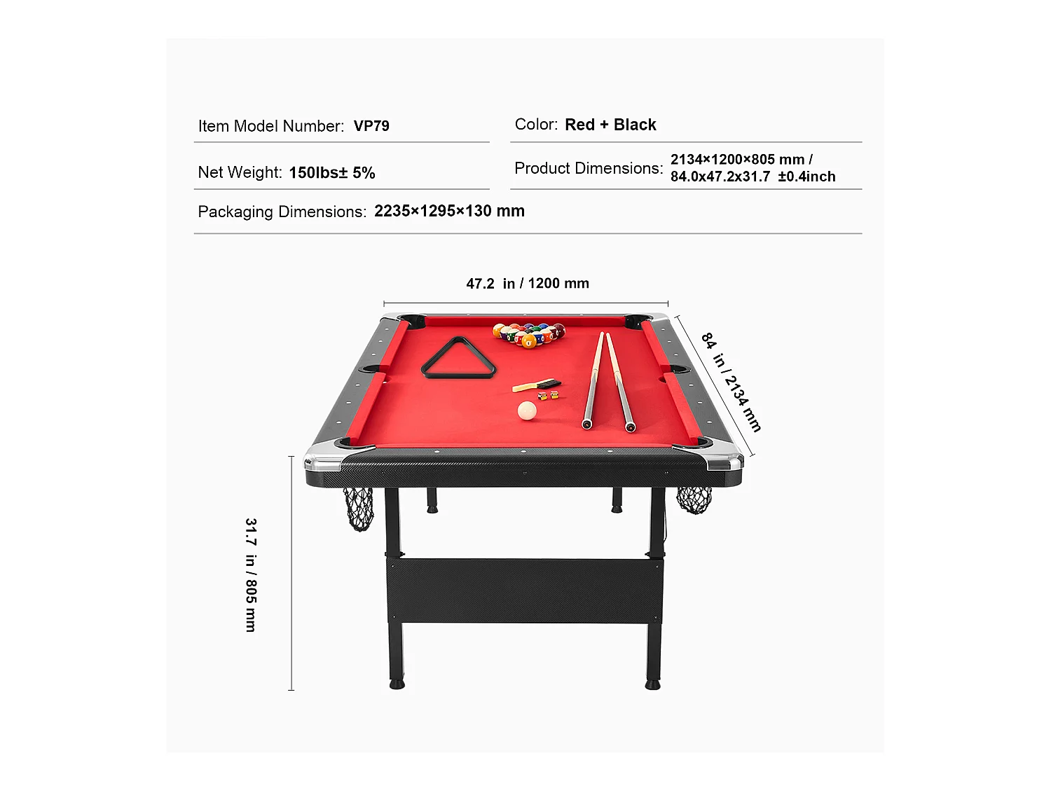 Table Transformable, SucceBuy Table de Billard de 213 cm, Table de Billard Portable avec Tissu Rouge pour Salle de Jeux