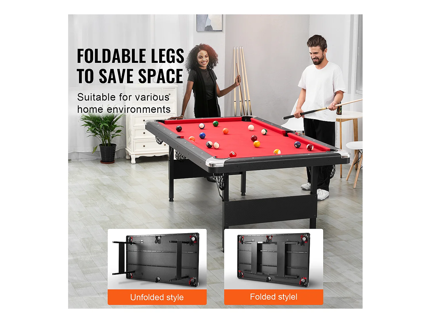 Table Transformable, SucceBuy Table de Billard de 213 cm, Table de Billard Portable avec Tissu Rouge pour Salle de Jeux
