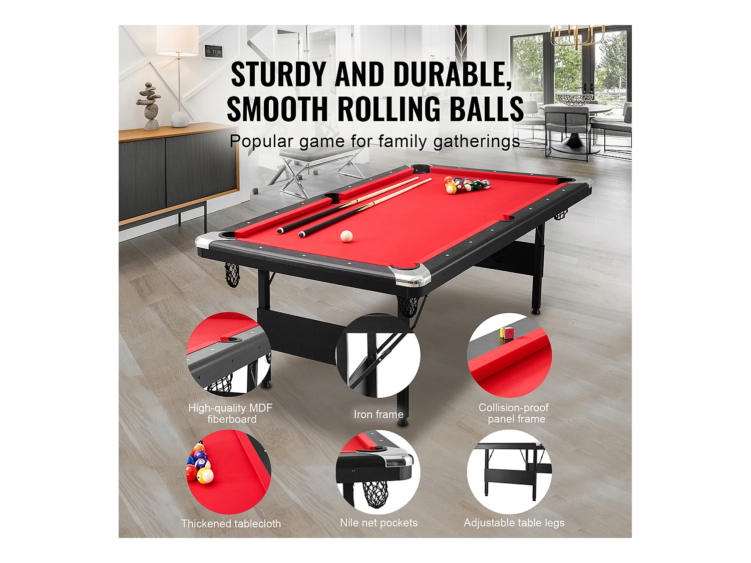 Table Transformable, SucceBuy Table de Billard de 213 cm, Table de Billard Portable avec Tissu Rouge pour Salle de Jeux