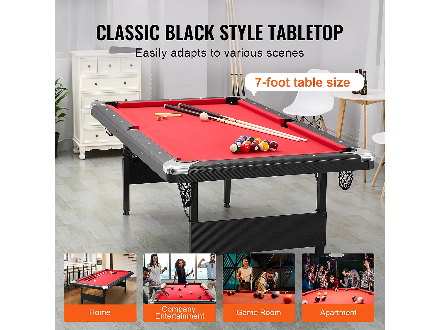 Table Transformable, SucceBuy Table de Billard de 213 cm, Table de Billard Portable avec Tissu Rouge pour Salle de Jeux