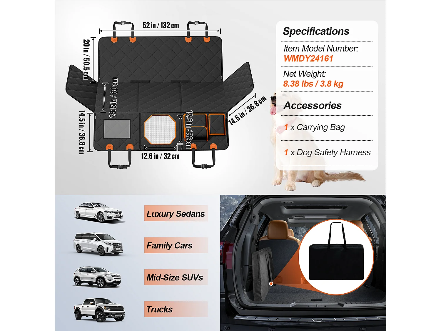 Housse, SucceBuy Housse de Siège de Voiture pour Chien pour Siège Arrière, Mesurant 132 cm x 60 cm, Imperméable et Fabriquée en Matériau 600D pour Voitures