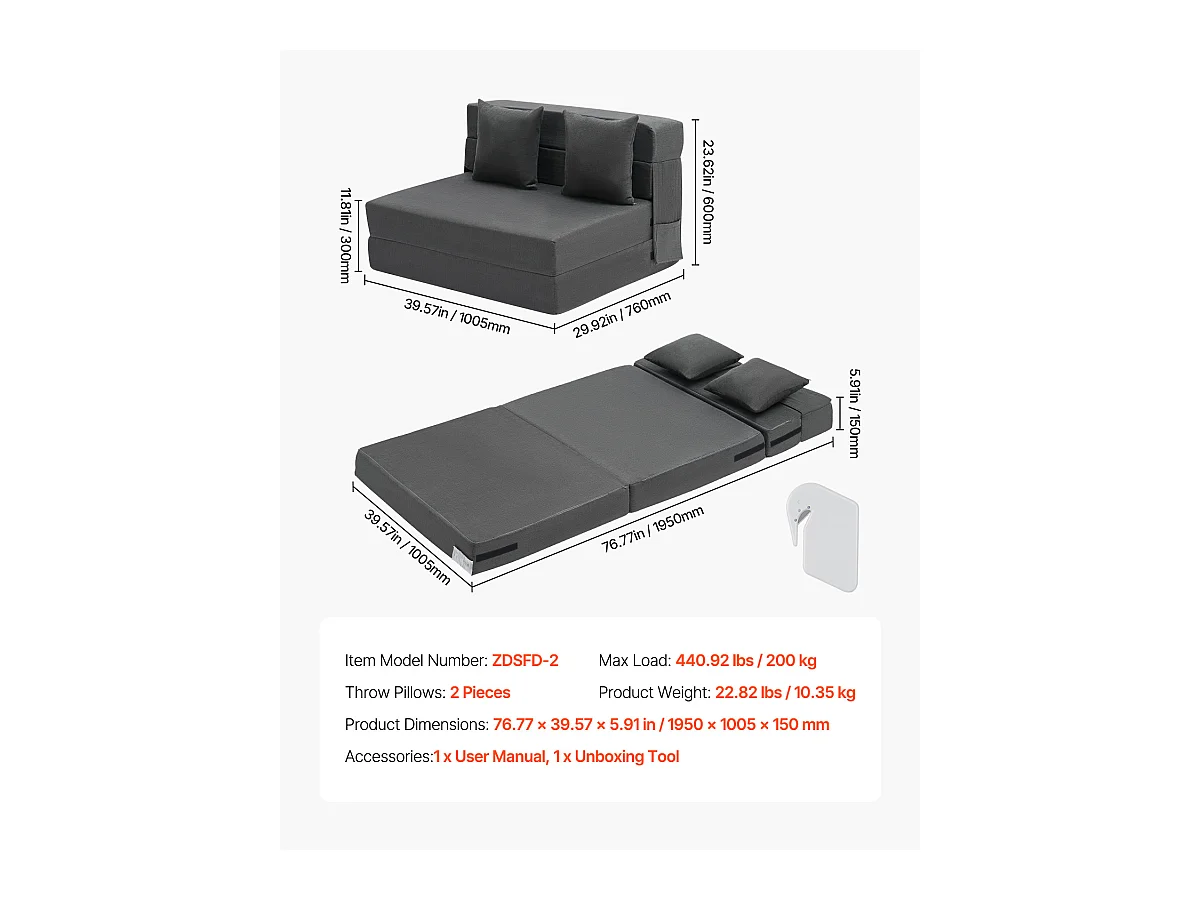 Modernes Schlafsofa, SucceBuy 3-in-1 Klappsofa mit 2 Kissen, Dunkelgrau, Twin