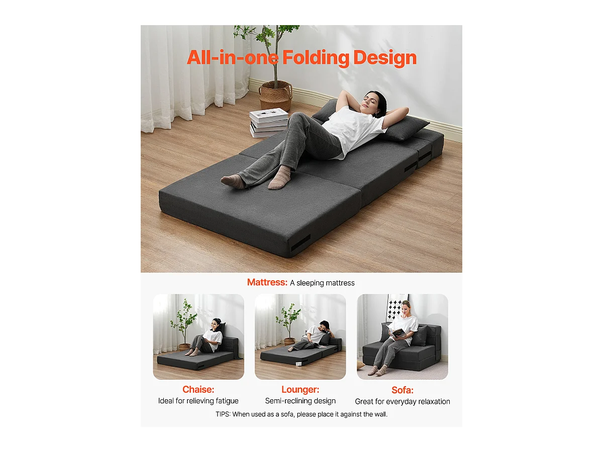 Modernes Schlafsofa, SucceBuy 3-in-1 Klappsofa mit 2 Kissen, Dunkelgrau, Twin