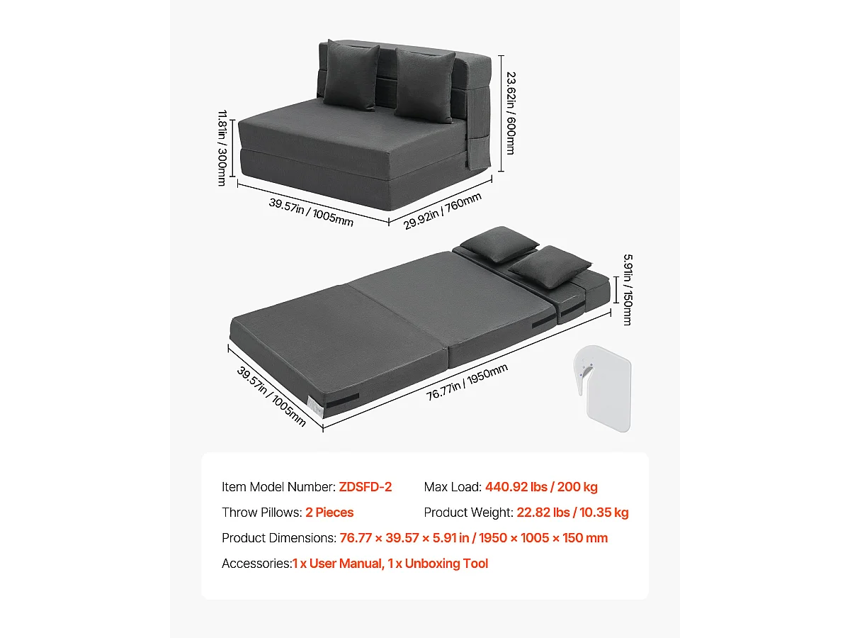 Modernes Schlafsofa, SucceBuy 3-in-1 Klappsofa mit 2 Kissen, Dunkelgrau, Twin