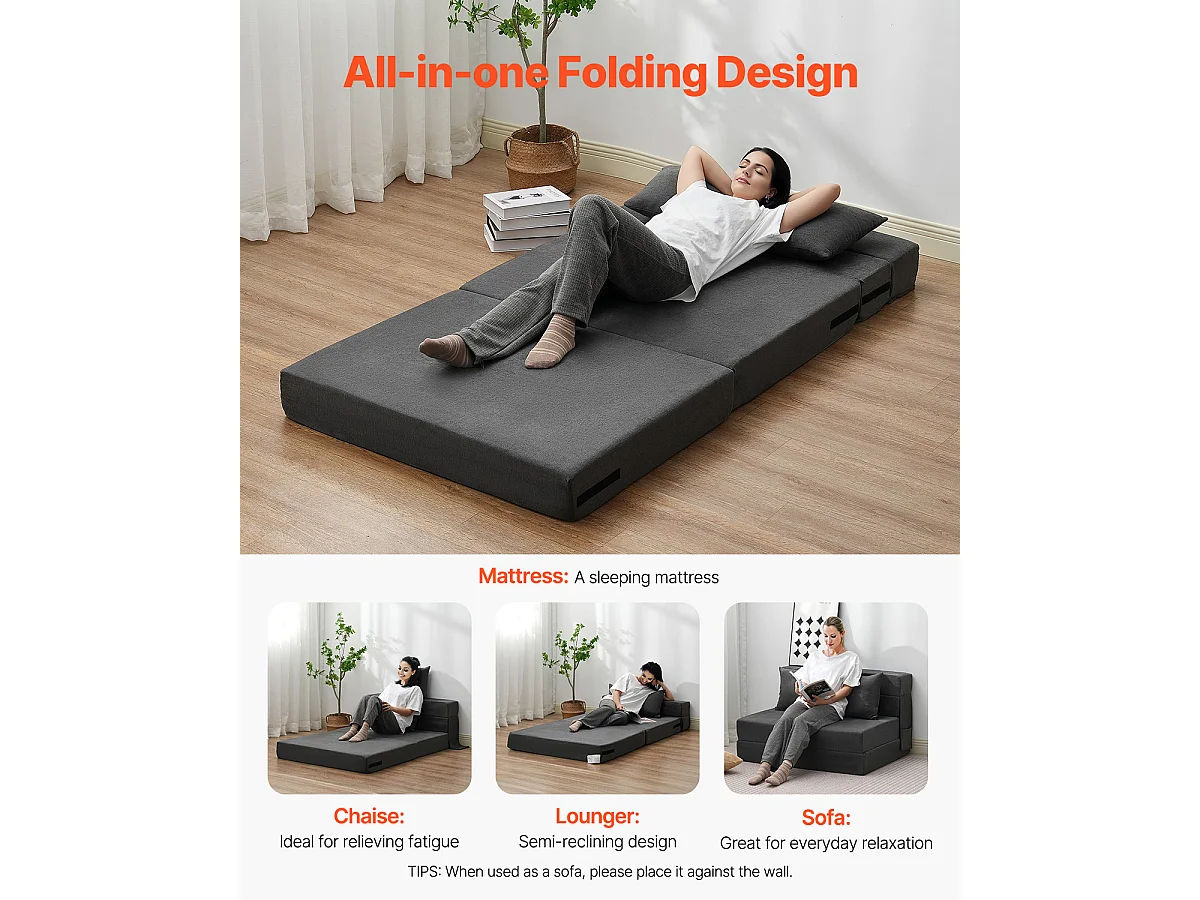 Modernes Schlafsofa, SucceBuy 3-in-1 Klappsofa mit 2 Kissen, Dunkelgrau, Twin