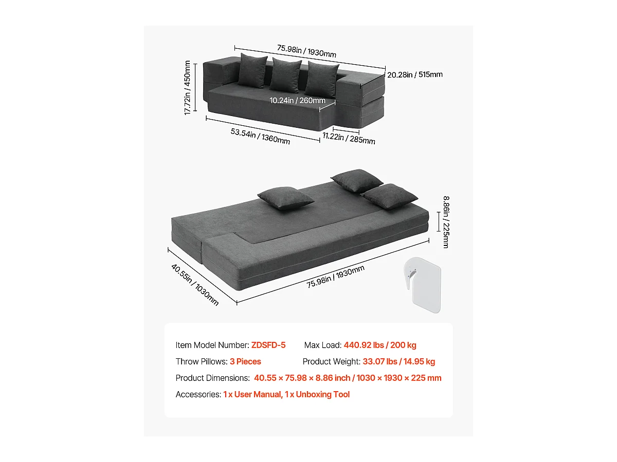 Canapé-lit Moderne, SucceBuy Canapé-lit Pliant 3 en 1 avec 3 Oreillers pour Lit Simple Gris Foncé