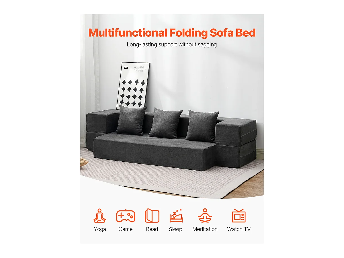 Canapé-lit Moderne, SucceBuy Canapé-lit Pliant 3 en 1 avec 3 Oreillers pour Lit Simple Gris Foncé